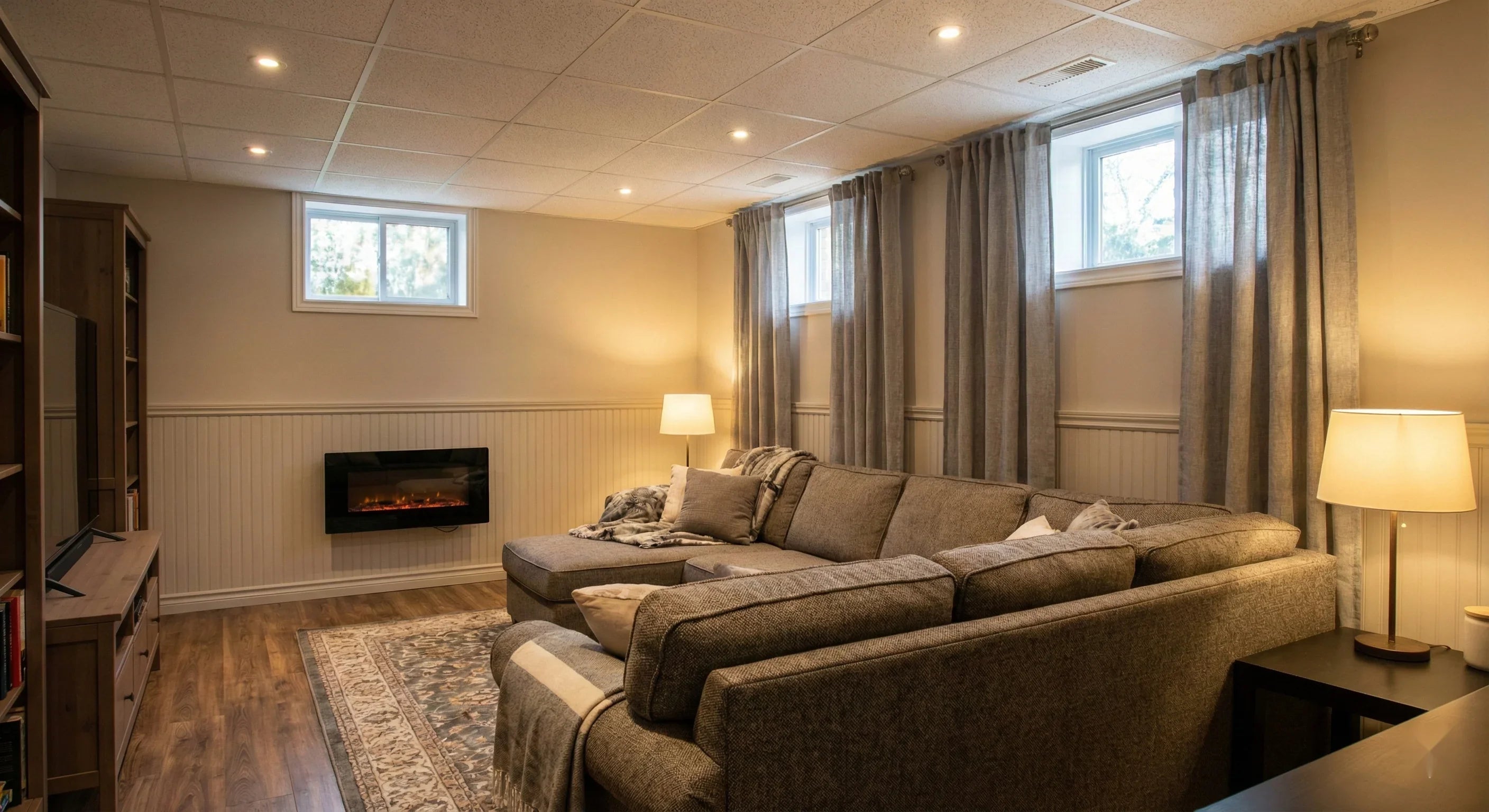 Light filtering curtains brightening a finished basement with small windows