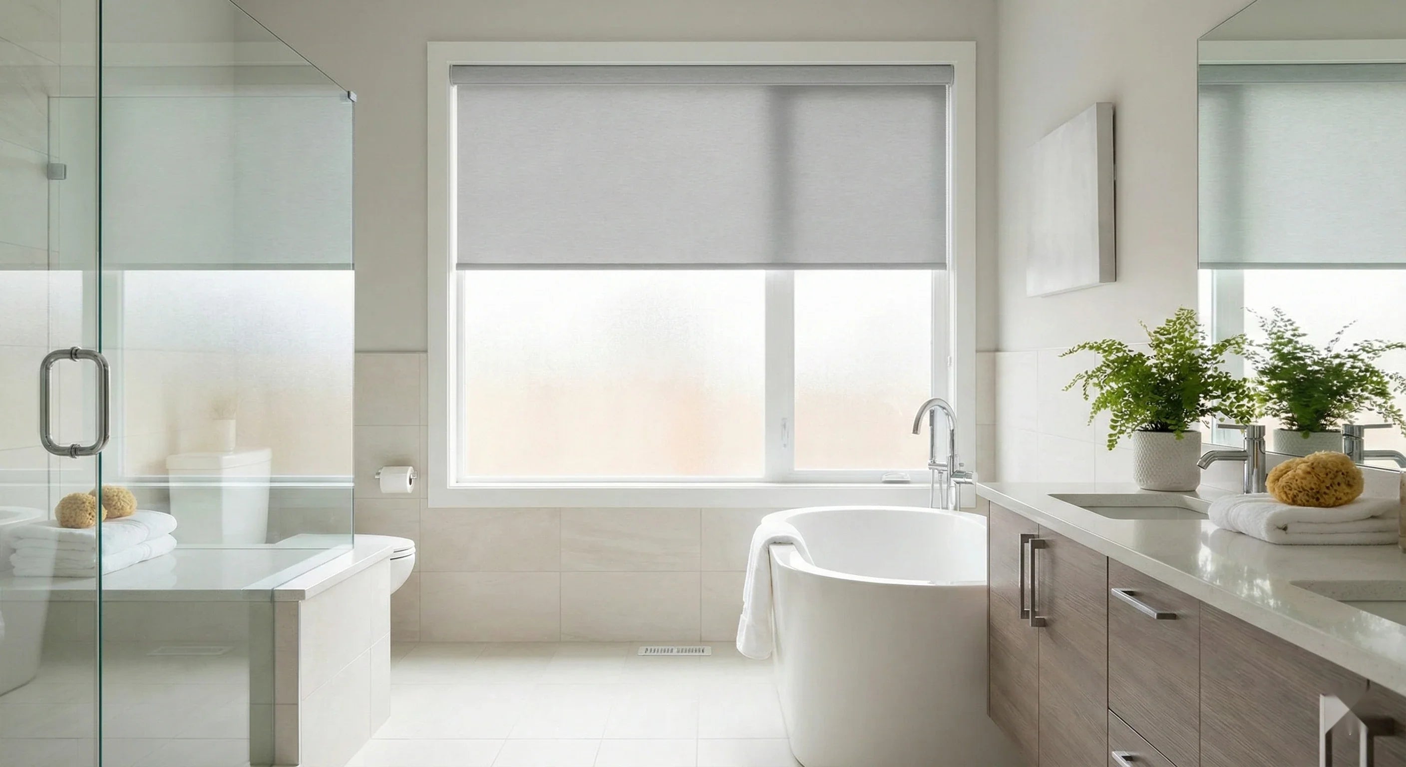 Bathroom window treatment providing privacy, natural light, and moisture resistance