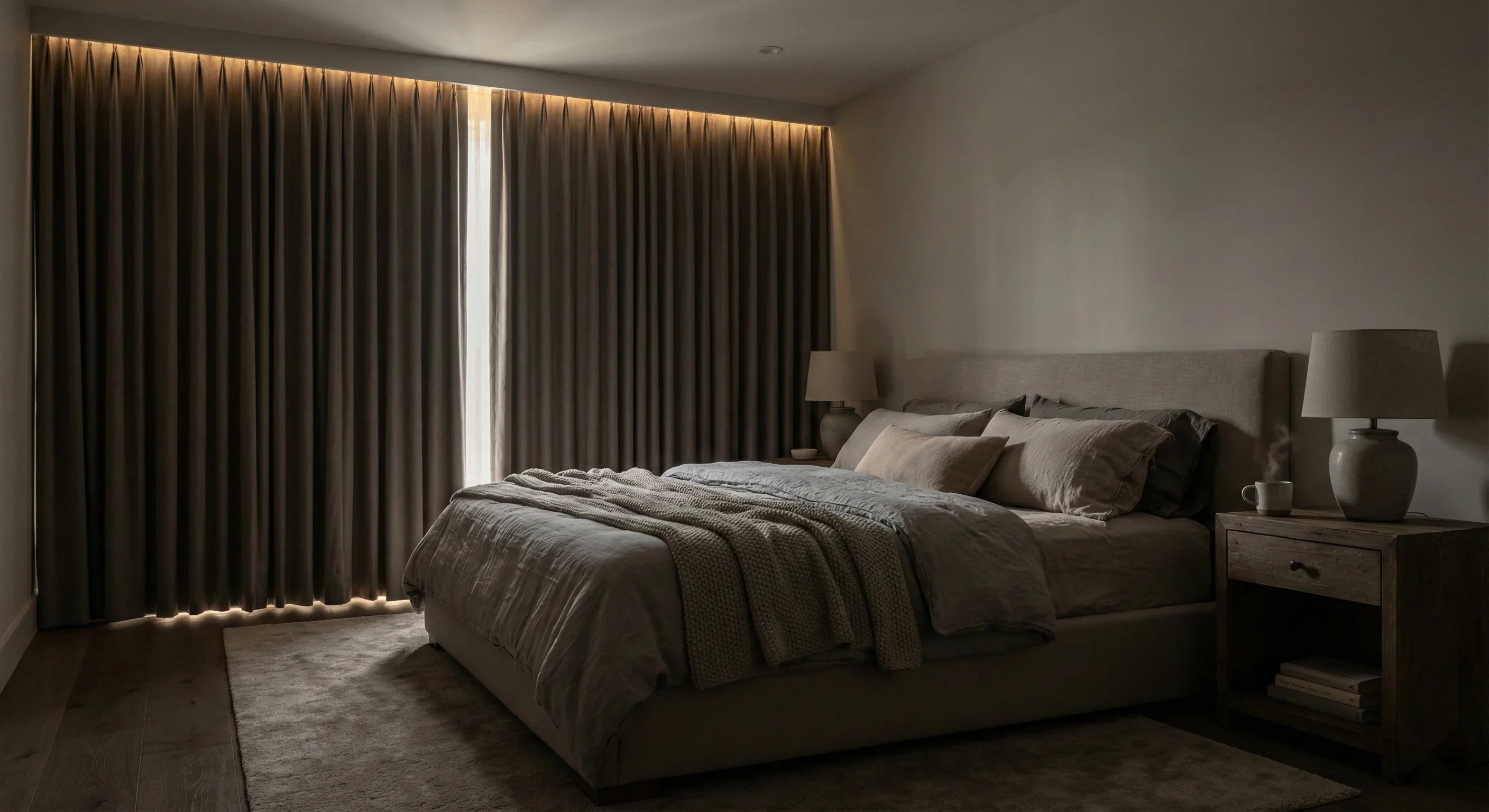 Blackout curtains in a peaceful bedroom creating a dark and calm sleep environment