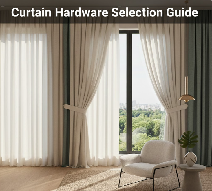 Curtain hardware guide over layered sheer and blackout drapes