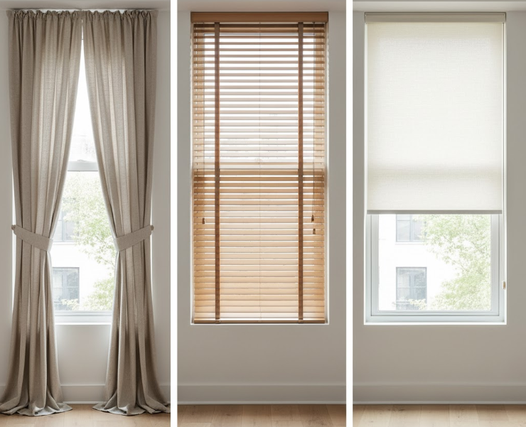 Curtains, wooden blinds, and roller shades comparison