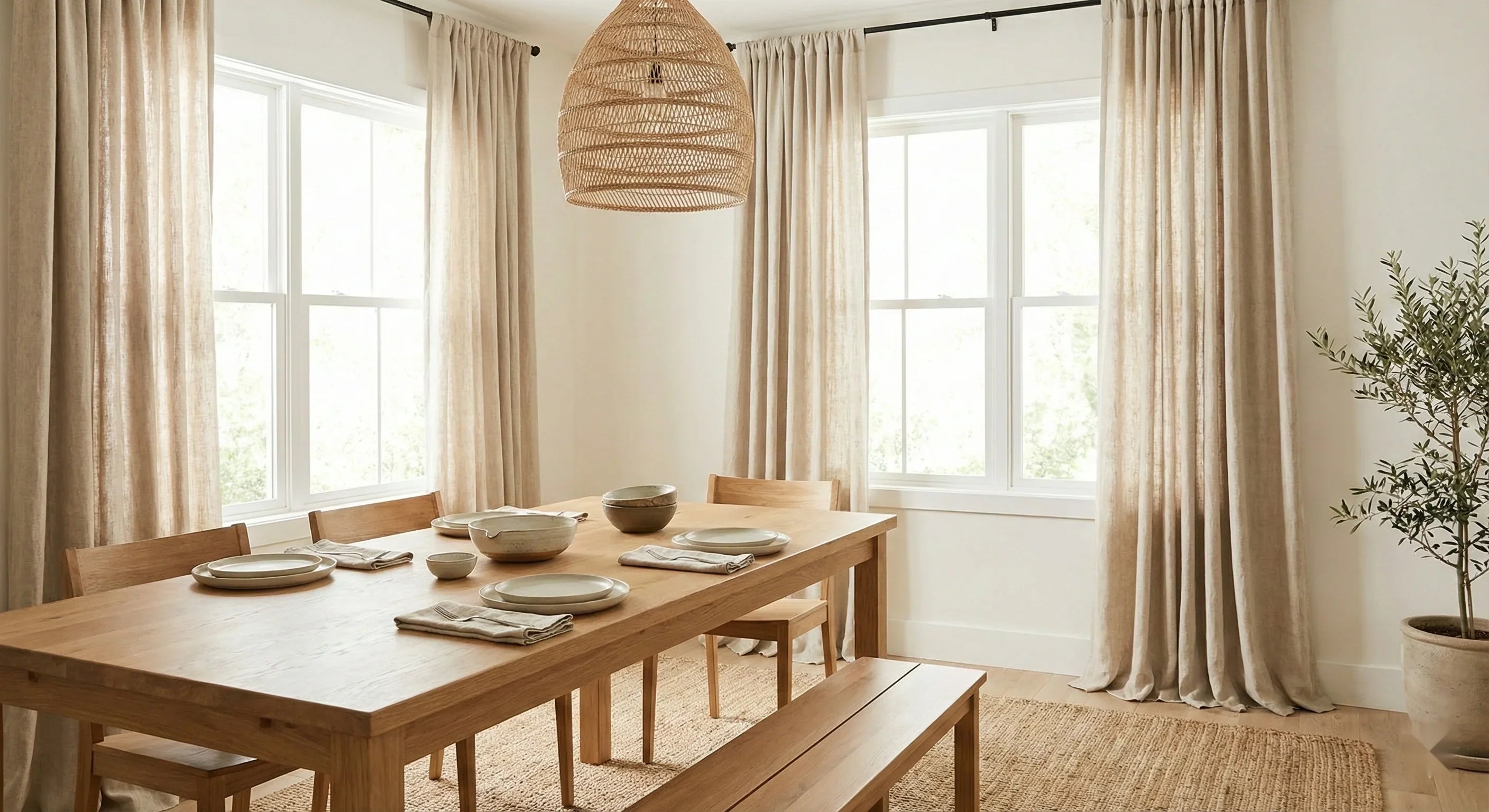 Dining room with floor-length linen curtains creating a warm and inviting atmosphere