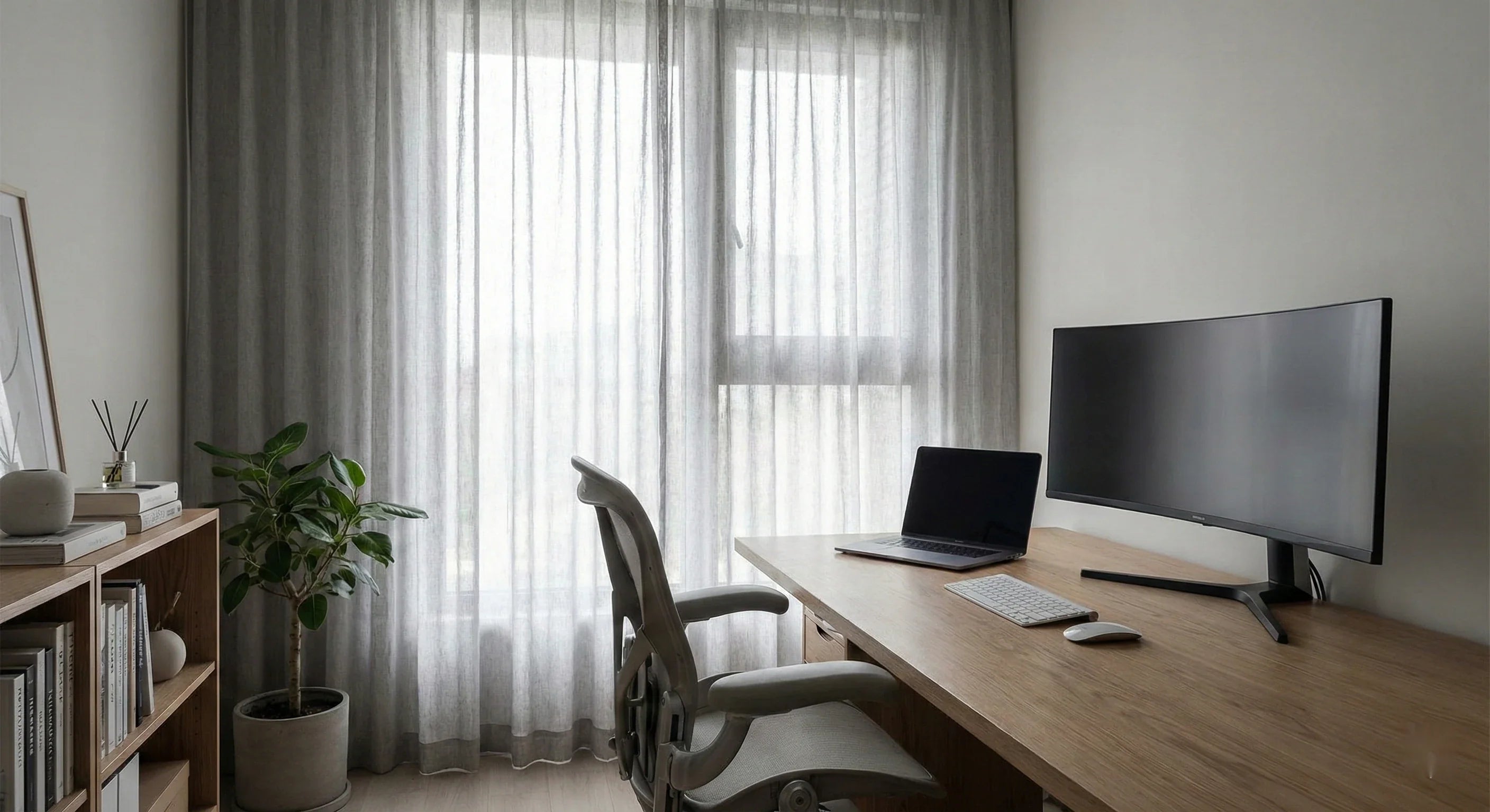 Home office with light filtering curtains reducing screen glare during work