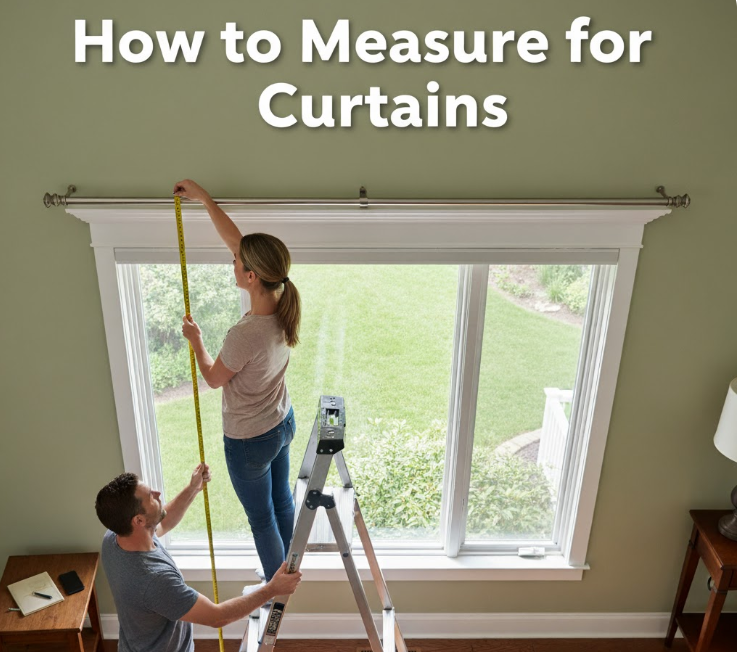 Couple measuring window for new curtains installation