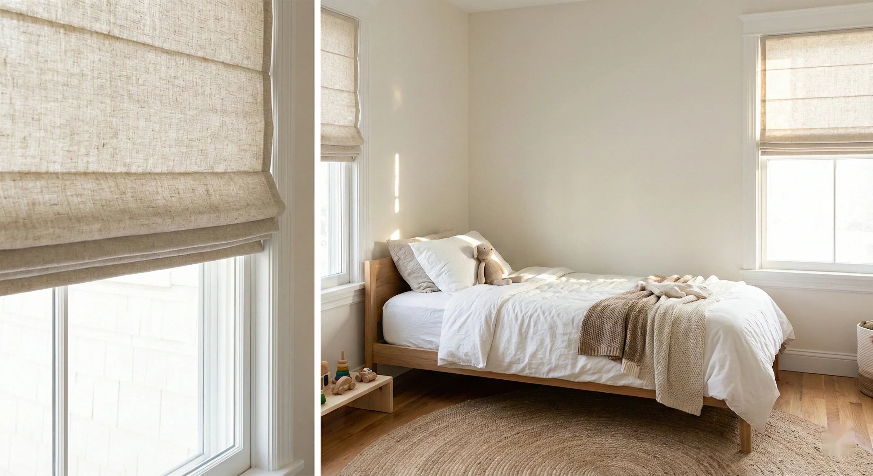 Safe and cozy children’s bedroom with cordless curtains and soft natural light
