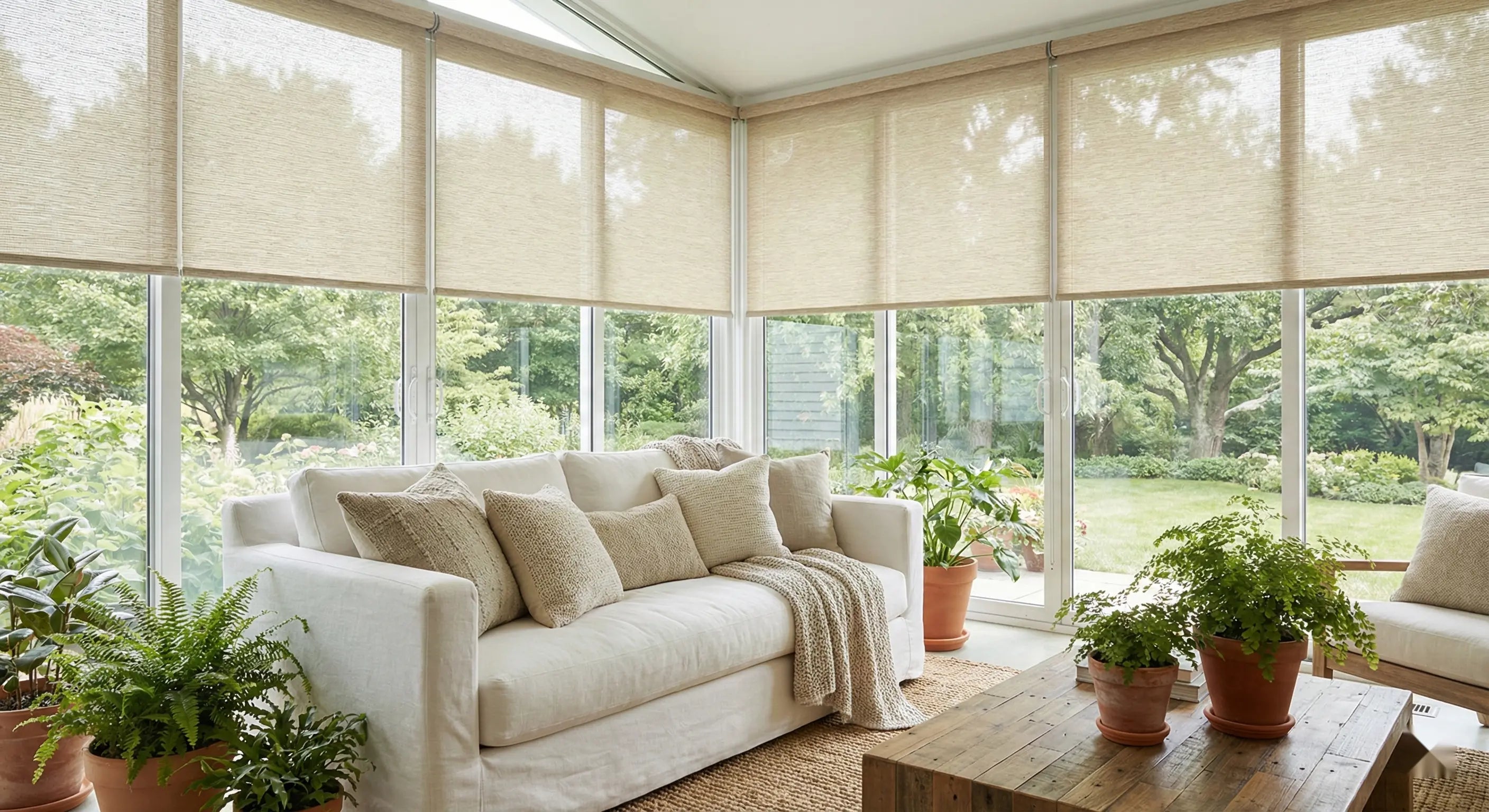 Sunroom with solar shades controlling heat while keeping natural light and views