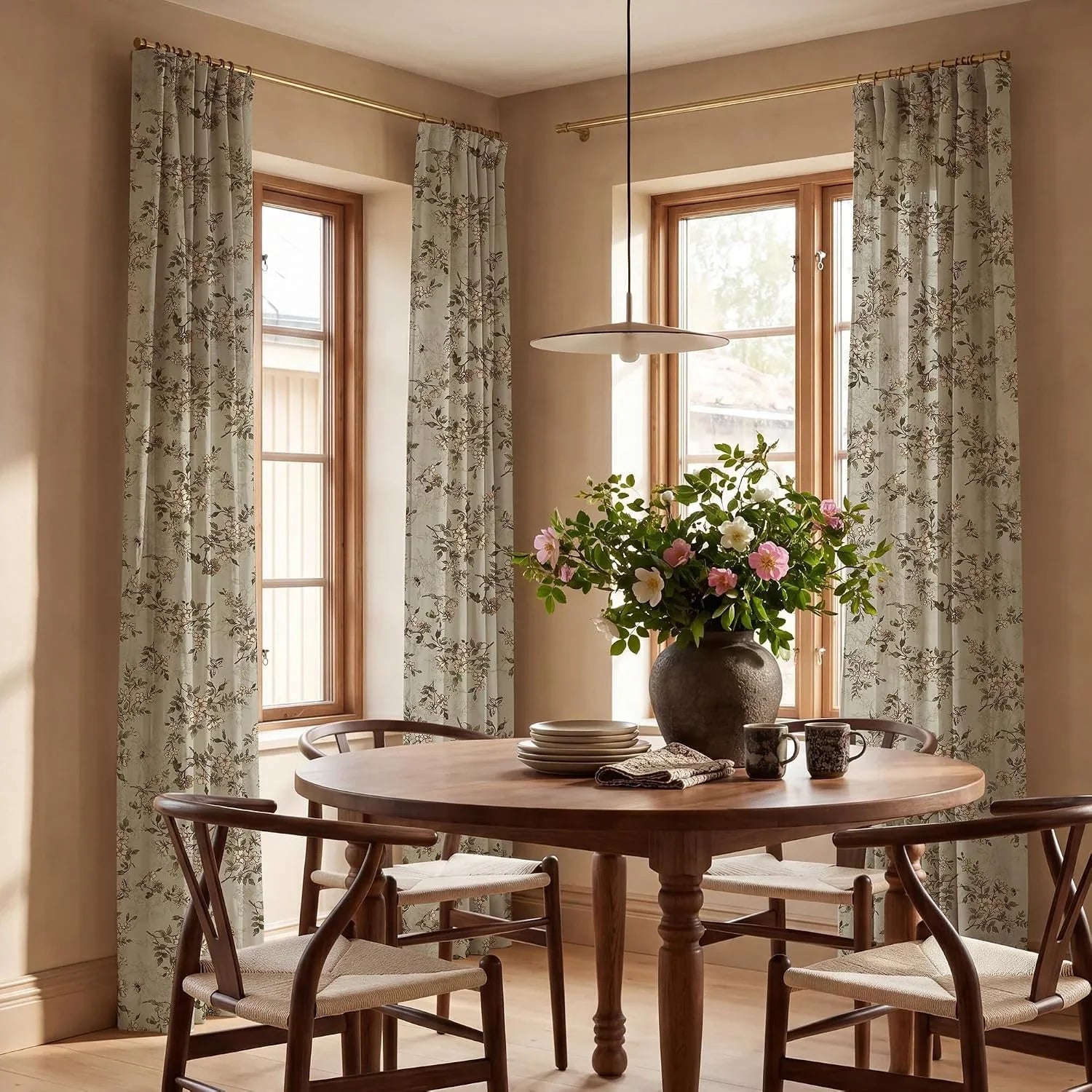 Beige floral curtains on brass rods in a warm dining room with wooden table