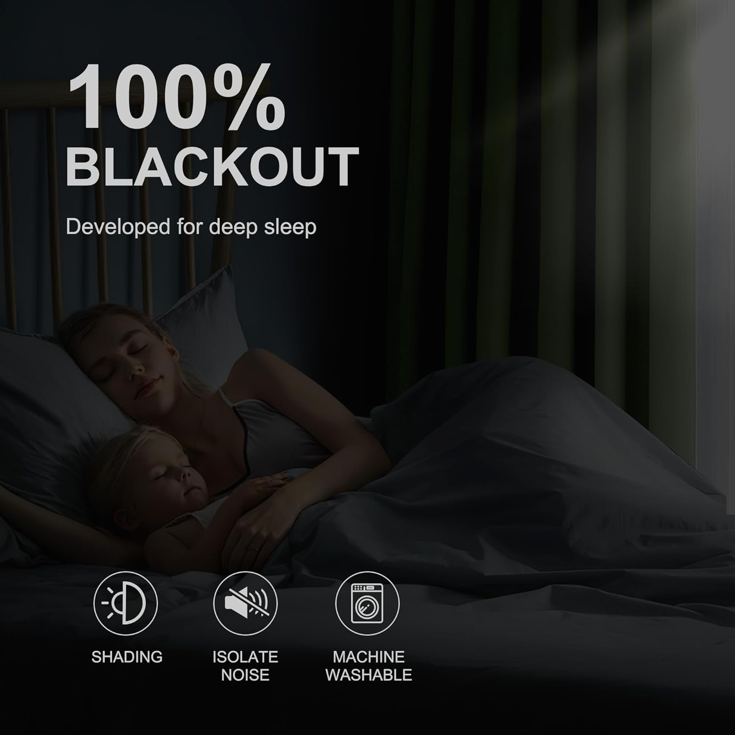 Dark room with a woman and child sleeping, featuring 100% blackout, noise-reducing, and machine washable curtains.