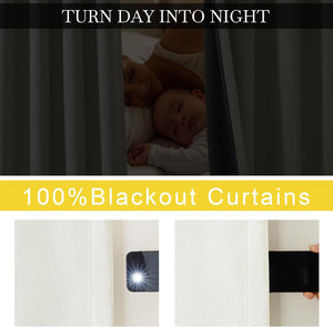 Blackout curtains block all light for a dark room. Textured fabric fully blocks flashlight.