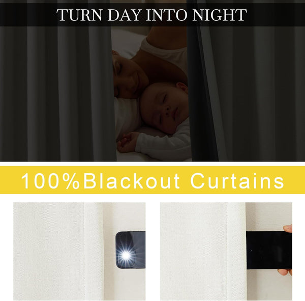Blackout curtains block all light for a dark room. Textured fabric fully blocks flashlight.