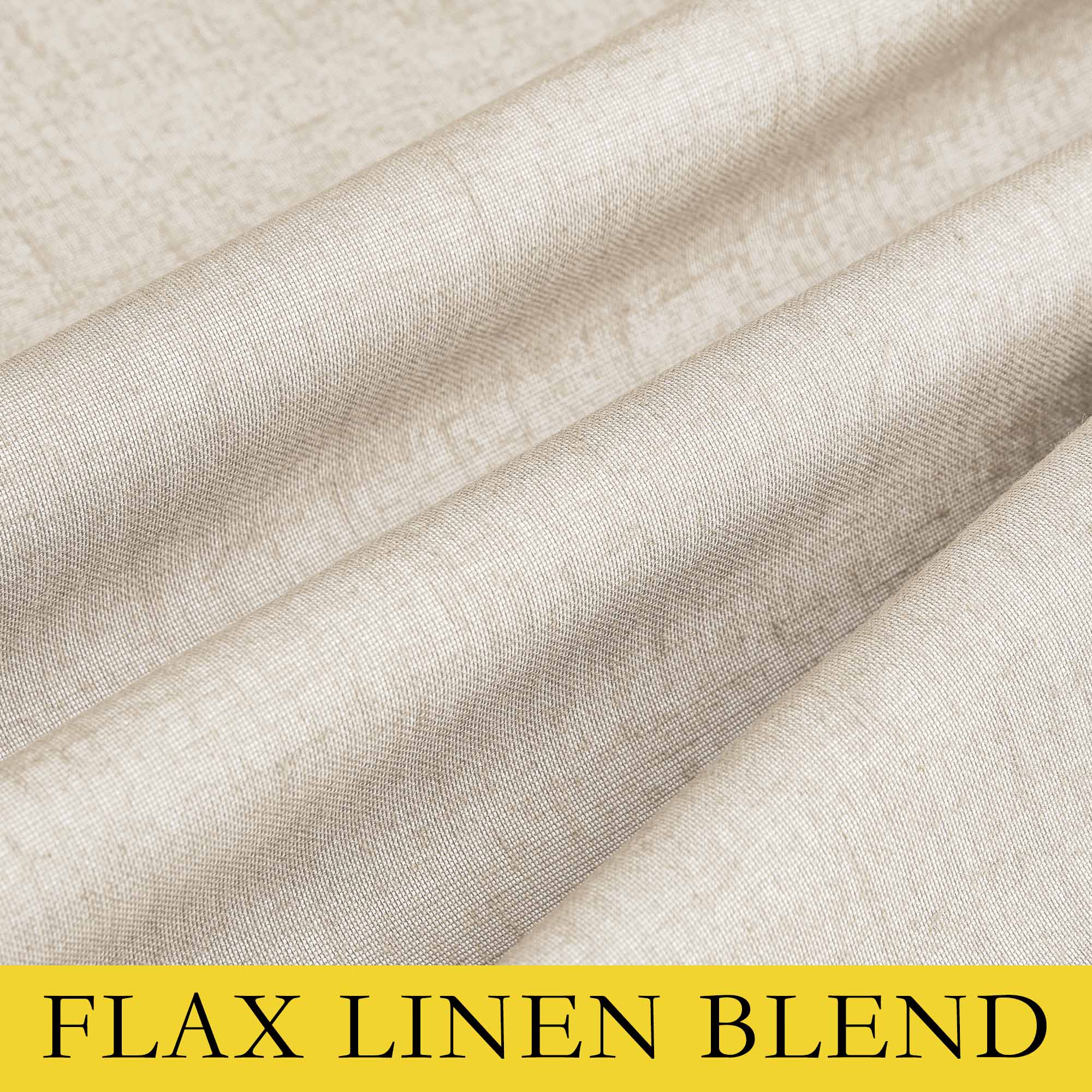 A close-up of the textured flax linen blend fabric in a natural oatmeal color used for 100% blackout curtains.