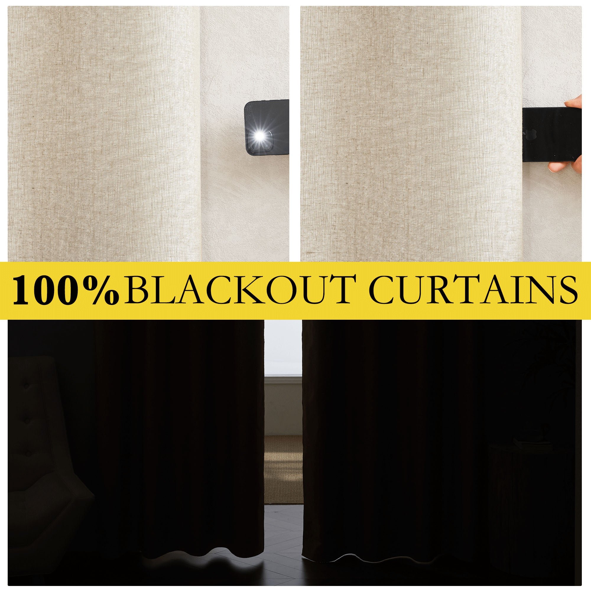 Demonstration of 100% blackout linen curtains completely blocking a bright phone flashlight, creating total darkness.
