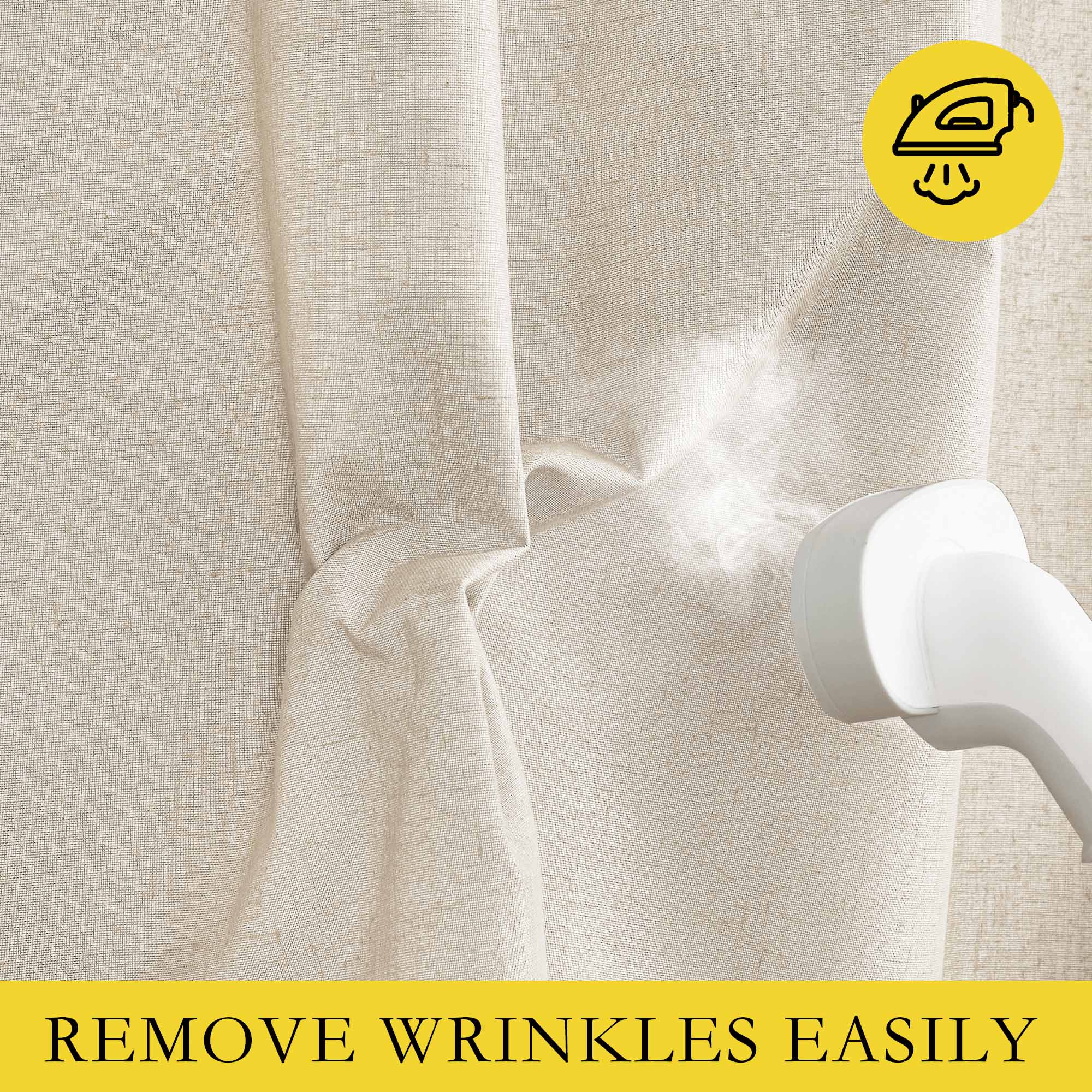 A hand steamer easily removes wrinkles from a textured beige 100% blackout linen curtain.