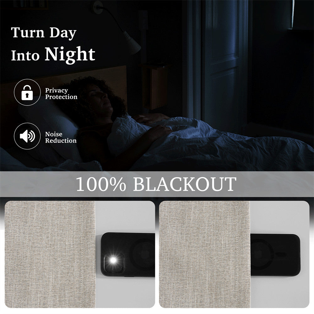 Faux linen pinch pleat blackout curtains demonstrated blocking a phone's light for complete darkness, privacy, and noise reduction.