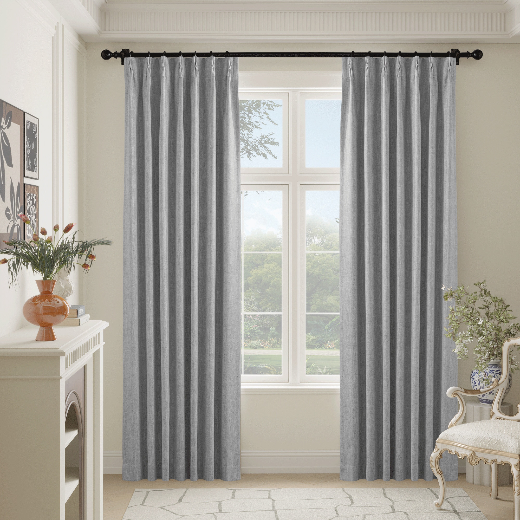 Valentina Natural grey faux linen full blackout curtains with elegant pleats, hung on a black rod, in a stylish room setting.