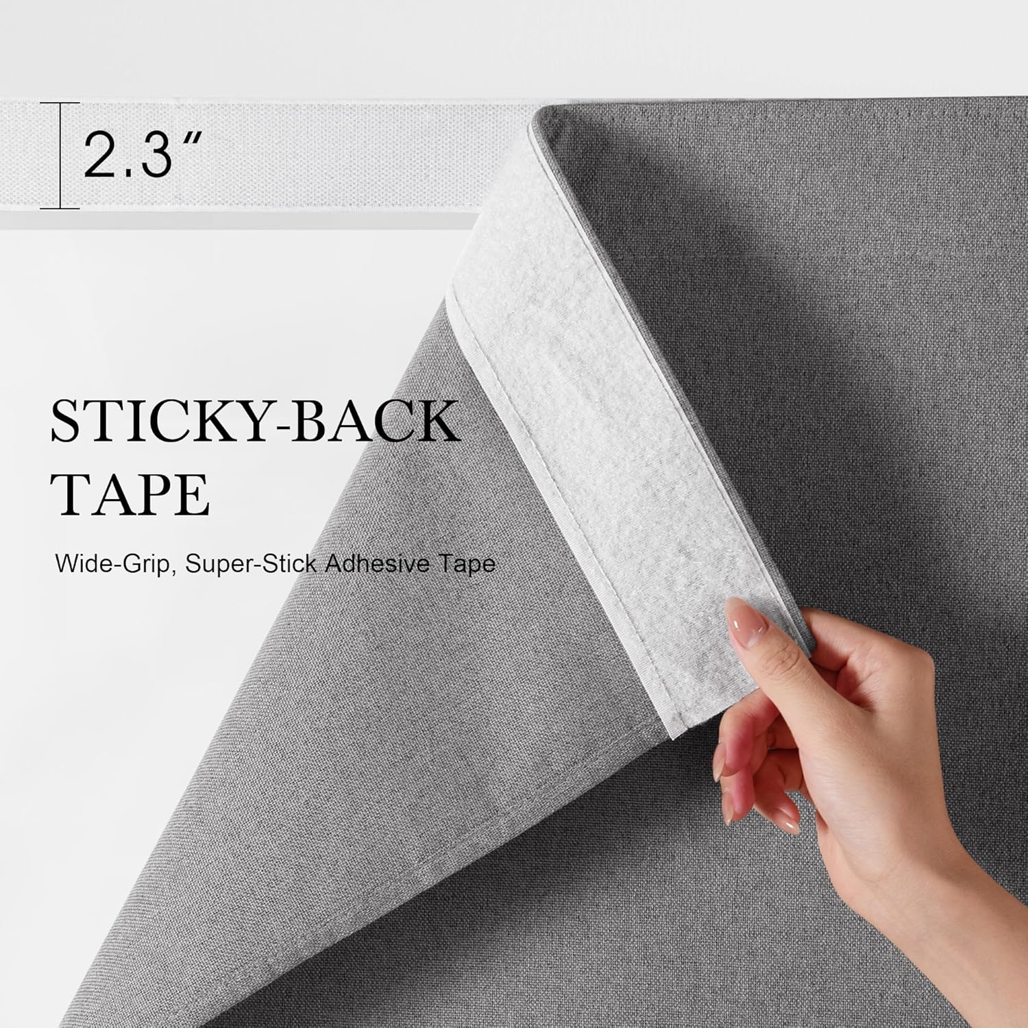 Hand peeling grey textile to show white 2.3-inch wide super-stick adhesive tape, labeled 'Wide-Grip'.