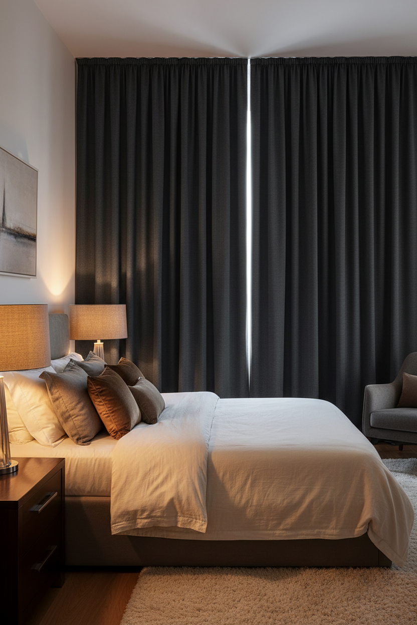 Black 100% blackout curtains with silver grommet tops hang on a window, one panel slightly open.