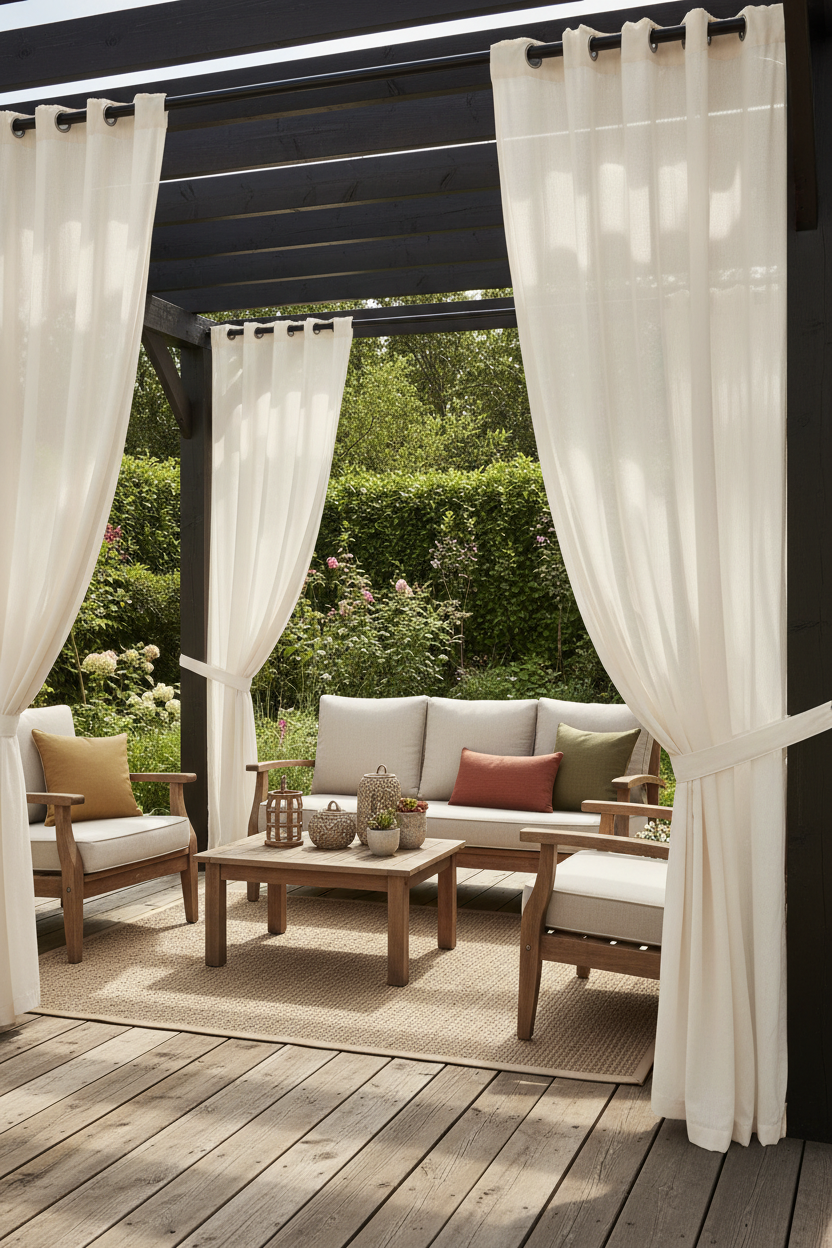 Pair of tan outdoor patio curtains with silver grommet tops hanging on a white pergola.