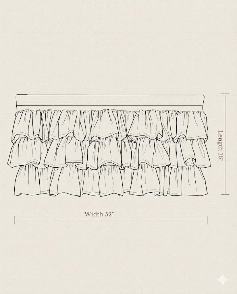 Line drawing of a three-tier ruffled valance showing 16-inch length and 52-inch width.