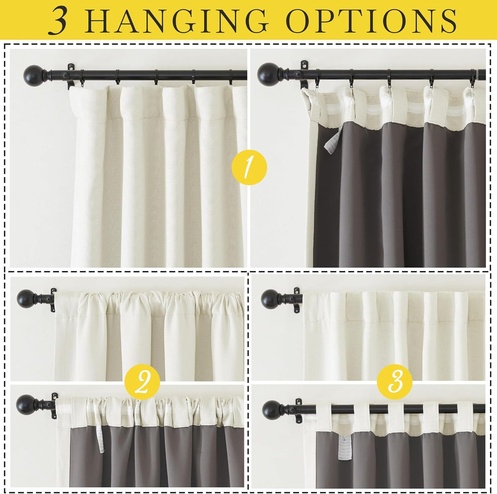 Off-white rod pocket blackout curtains with dark lining, hung on a black rod, one panel partially open.
