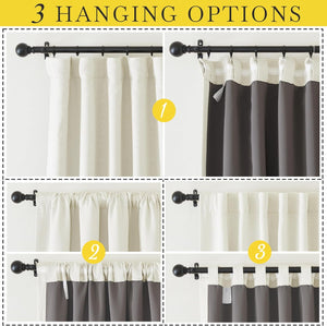 Three curtain hanging options displayed: pleated with pin hooks, ruffled rod pocket, and back tabs.