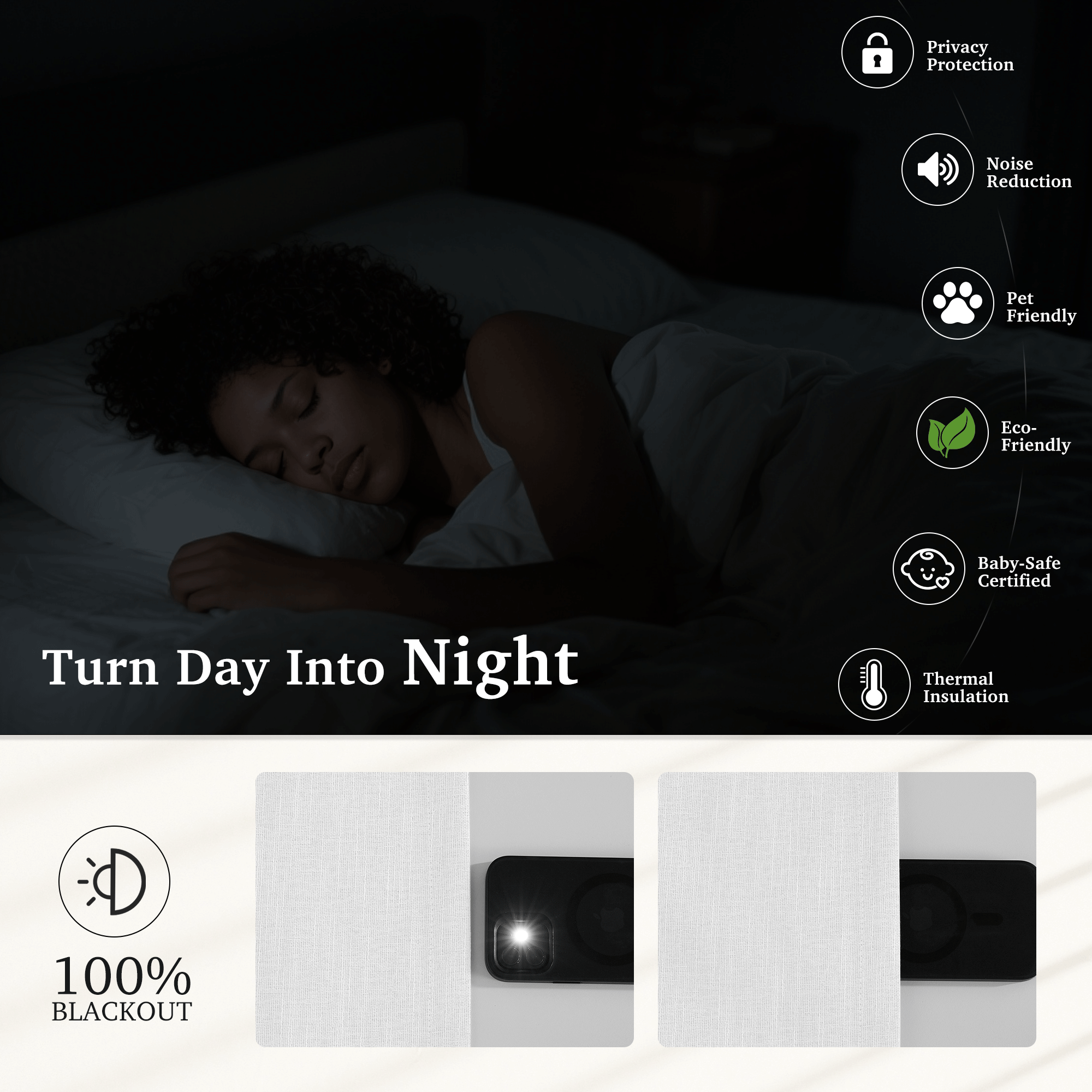 Valentina 100% blackout faux linen curtains. Woman sleeping in dark room. Flashlight test shows zero light penetration.