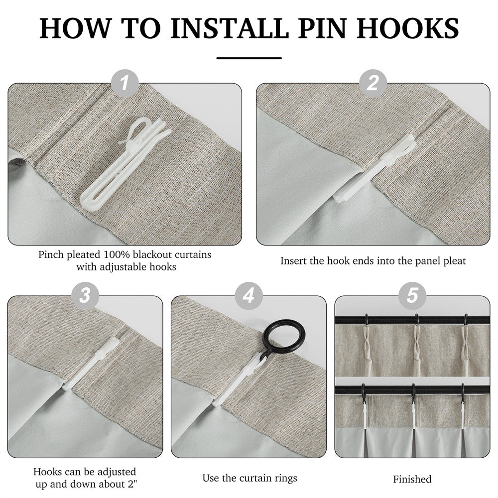 Step-by-step guide for installing pin hooks on faux linen pinch pleat 100% blackout curtains, showing hook attachment and hanging.
