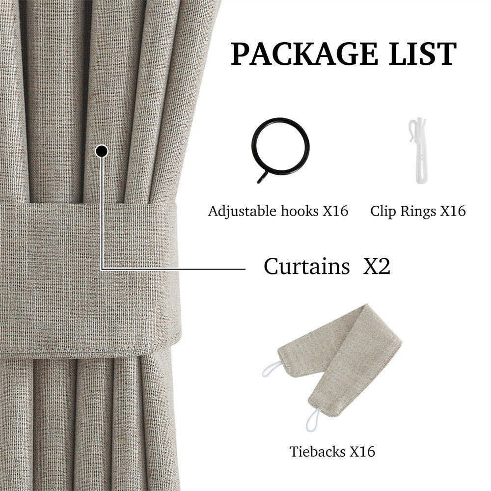 Faux linen pinch pleat blackout curtains package list: 2 panels, 16 adjustable hooks, 16 clip rings, & 16 tiebacks.