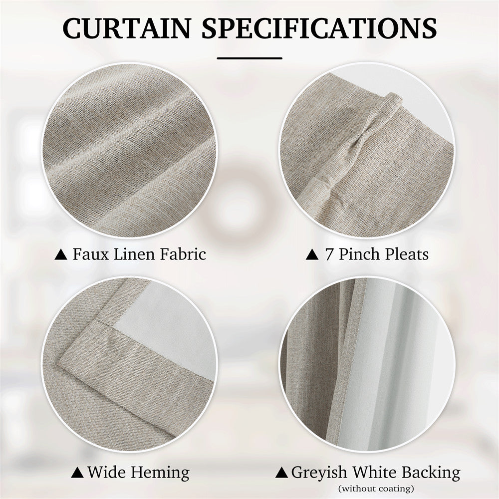 Details of faux linen pinch pleat blackout curtains showing fabric texture, 7 pleats, wide heming, and greyish white backing.