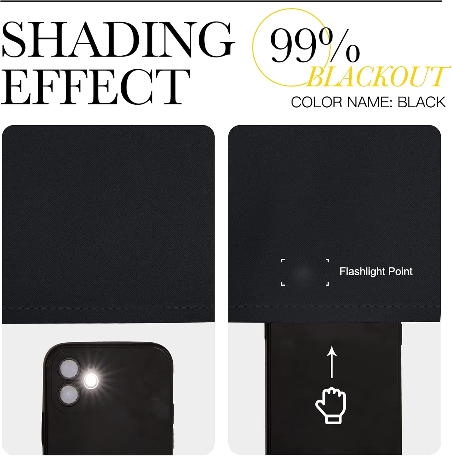 NICETOWN black blackout curtains displaying 99% light blocking. A flashlight shines directly against the fabric, highlighting its effective shading.