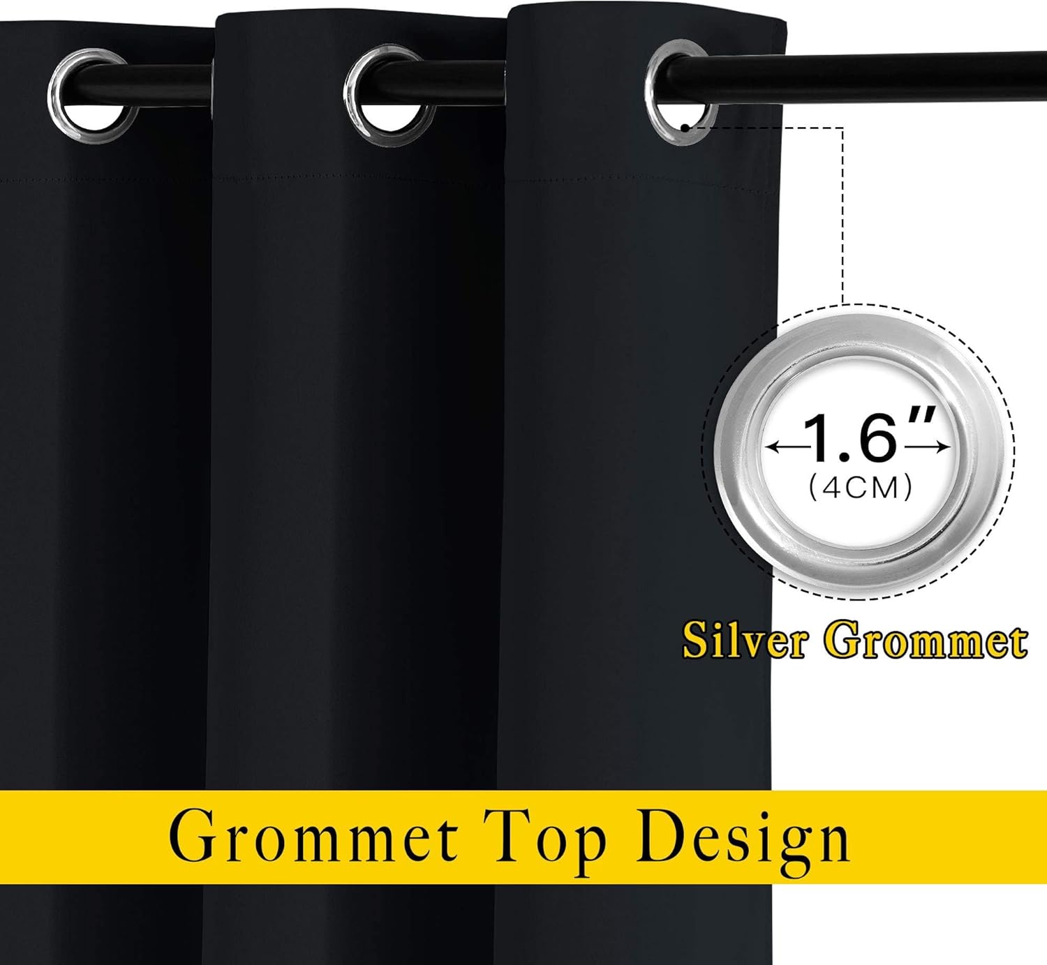 Close-up of NICETOWN black blackout curtain showing the silver grommet top design on a rod, with 1.6" (4cm) grommet diameter detail.