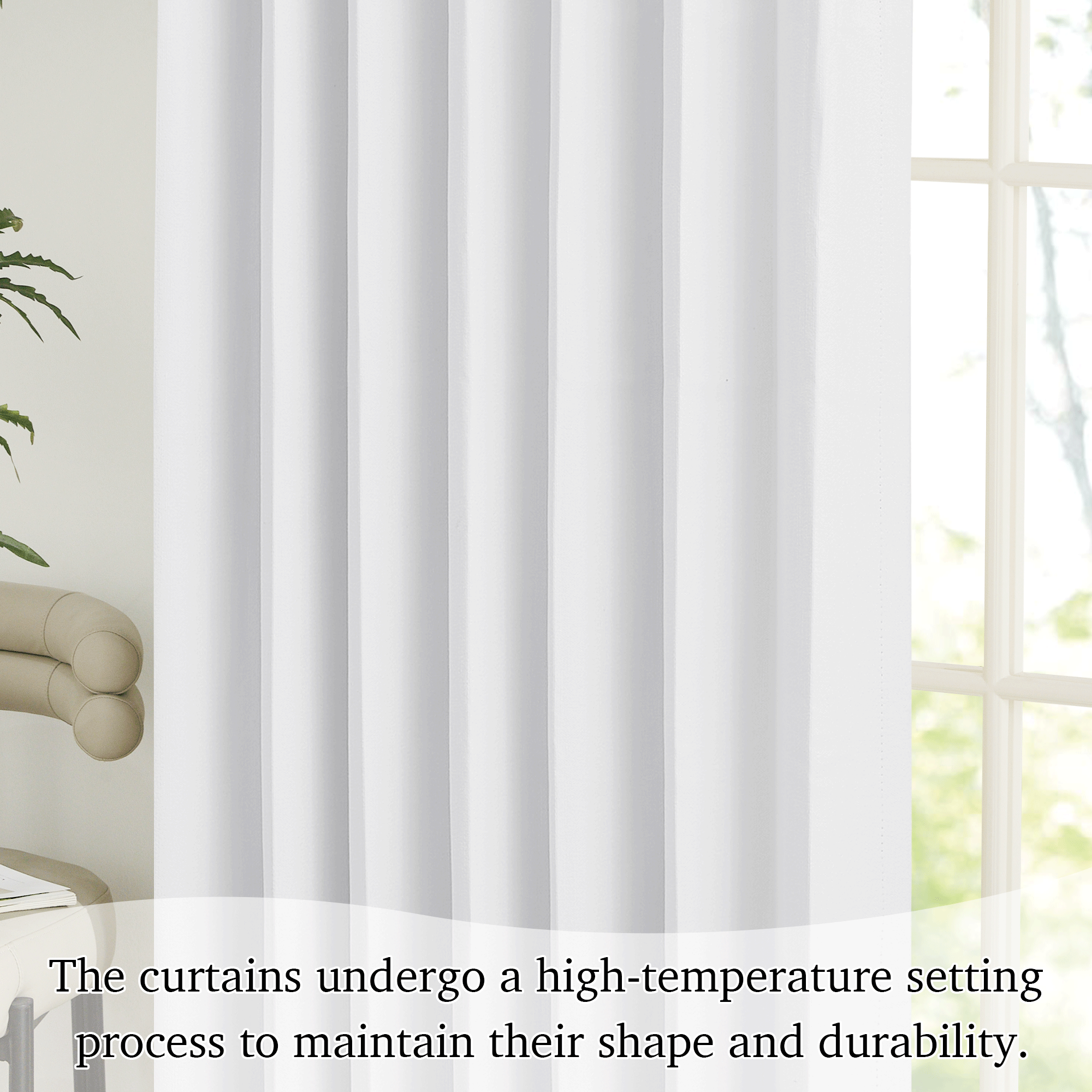 Detail of white Valentina faux linen blackout curtains showing texture, soft folds, and light-blocking against a window.