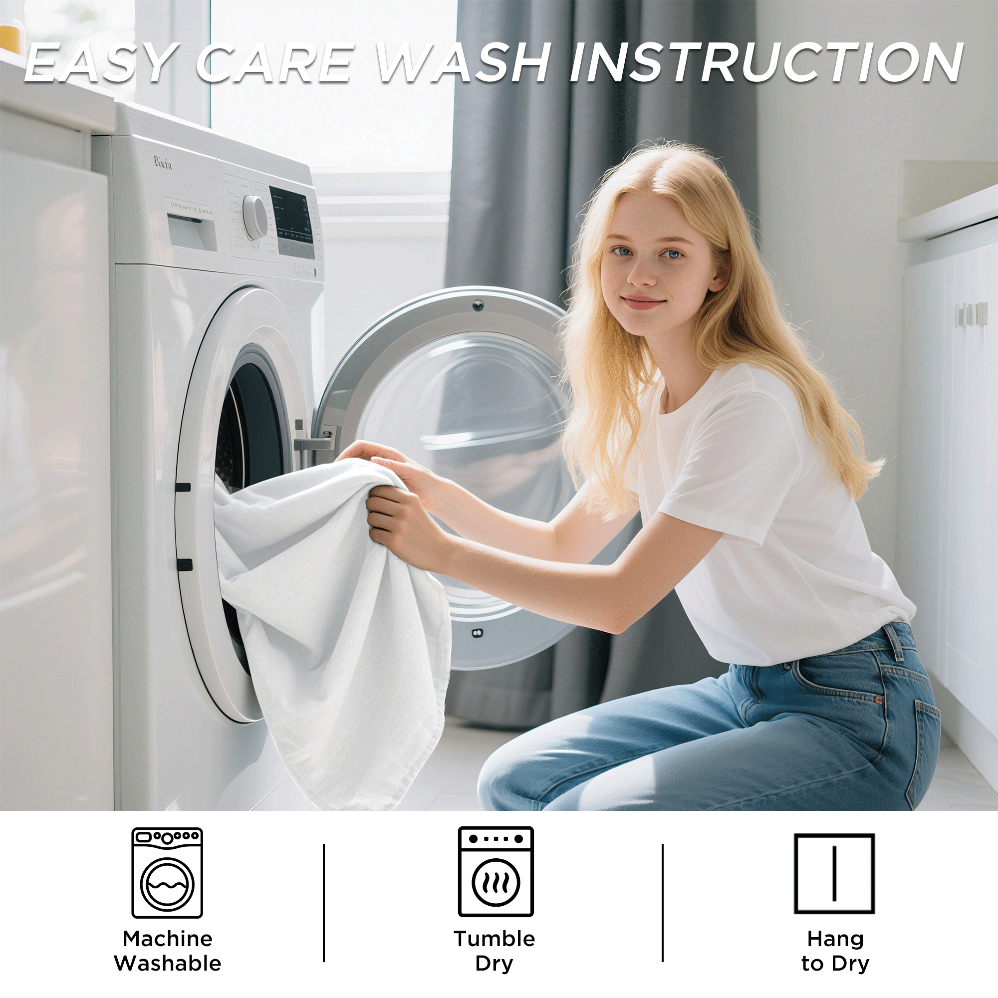Young woman loading a white faux linen blackout curtain into a washing machine, highlighting easy care wash instructions.