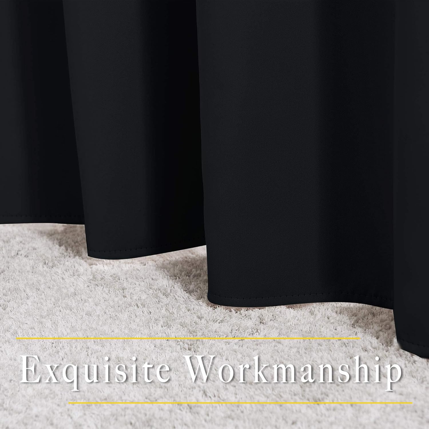 Close-up of the bottom hem of black blackout curtains resting on a white shaggy rug, showcasing quality fabric and stitching.