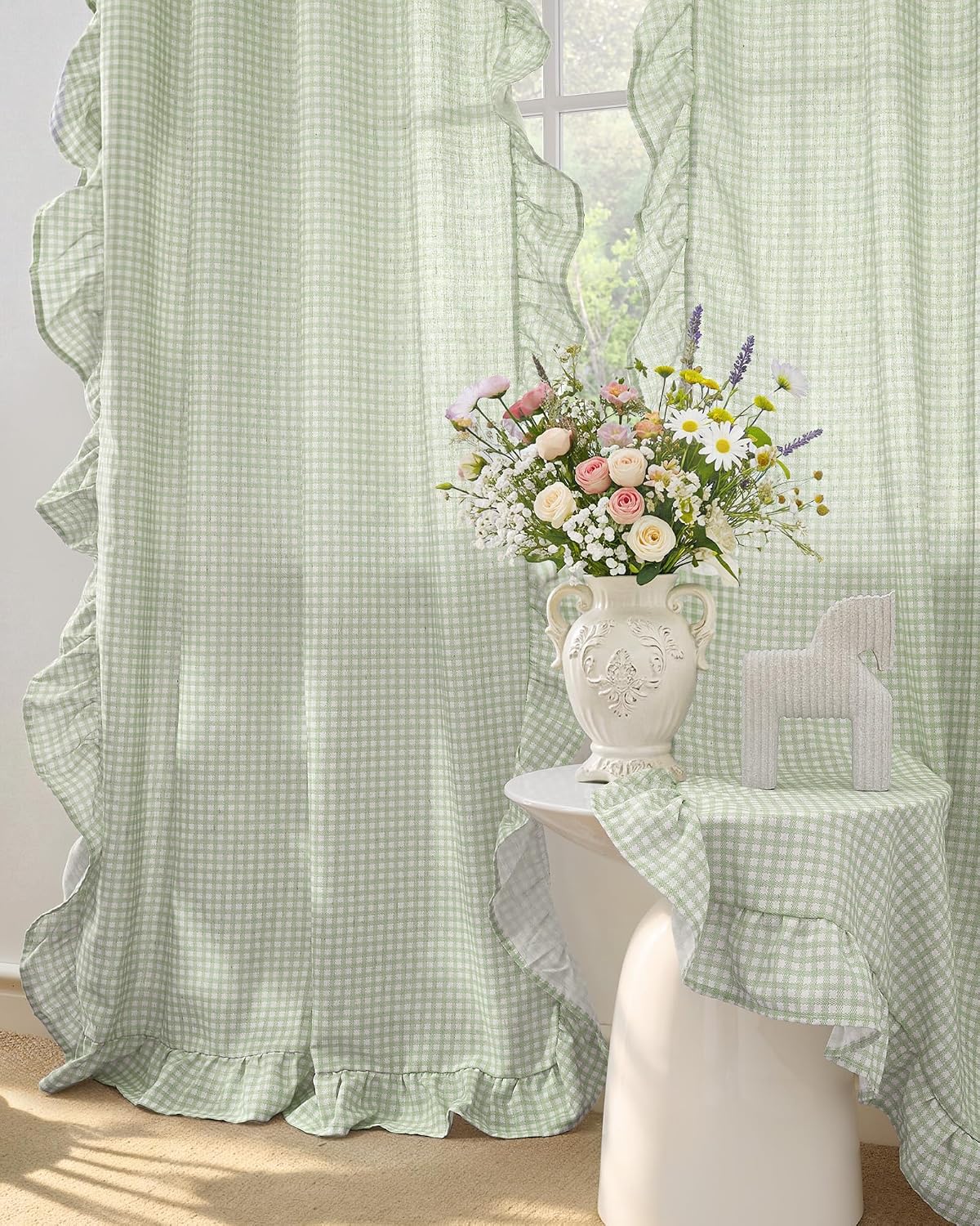 NICETOWN Sage Green Buffalo Plaid Ruffle Curtains 84 Inches Long for Bedroom, Privacy Linen Sheer Rococo Shabby Chic Window Gingham Drapes for Living Room, Rod Pocket, 40" W x 84" L, 2 Panels