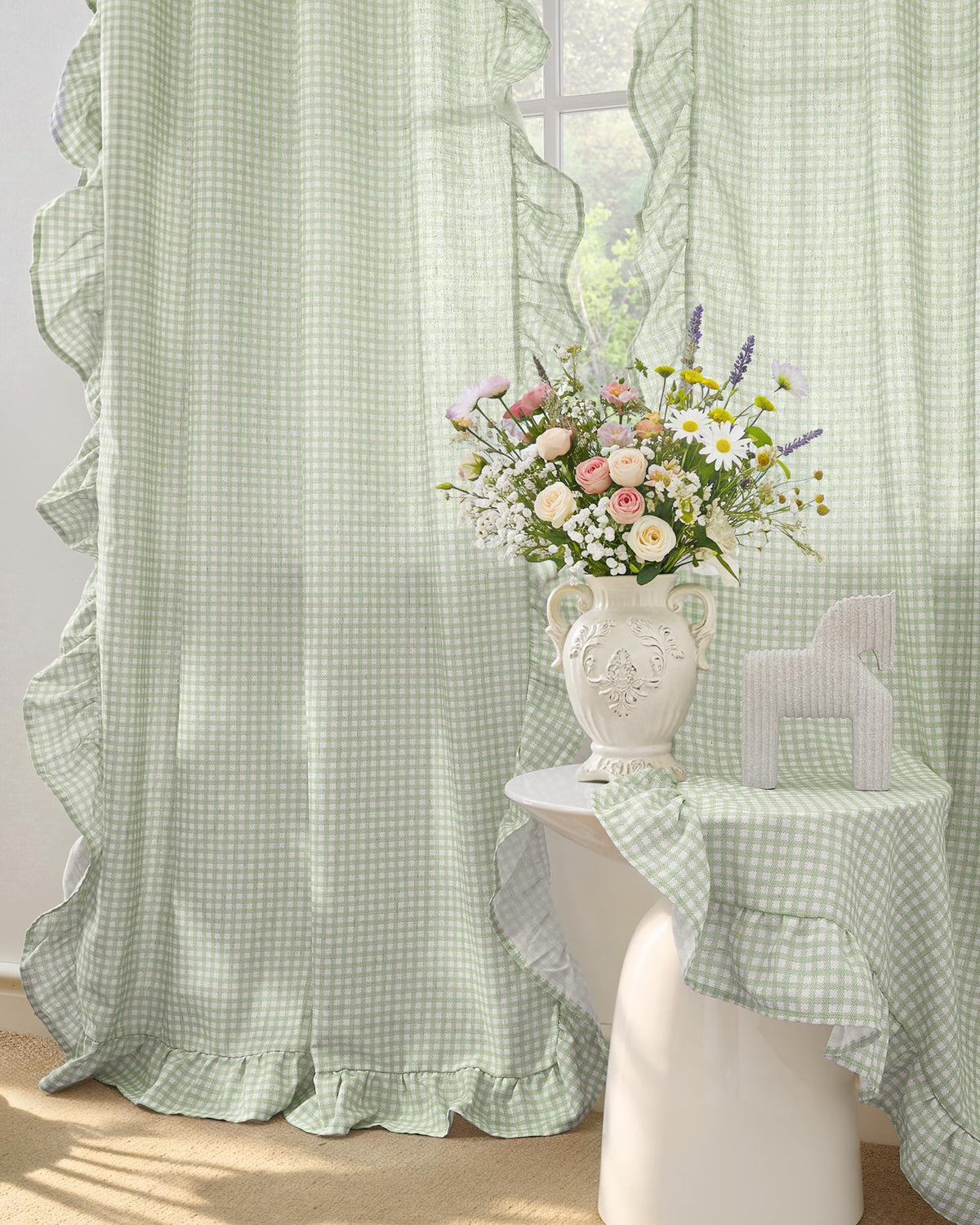 NICETOWN Sage Green Buffalo Plaid Ruffle Curtains 84 Inches Long for Bedroom, Privacy Linen Sheer Rococo Shabby Chic Window Gingham Drapes for Living Room, Rod Pocket, 40" W x 84" L, 2 Panels