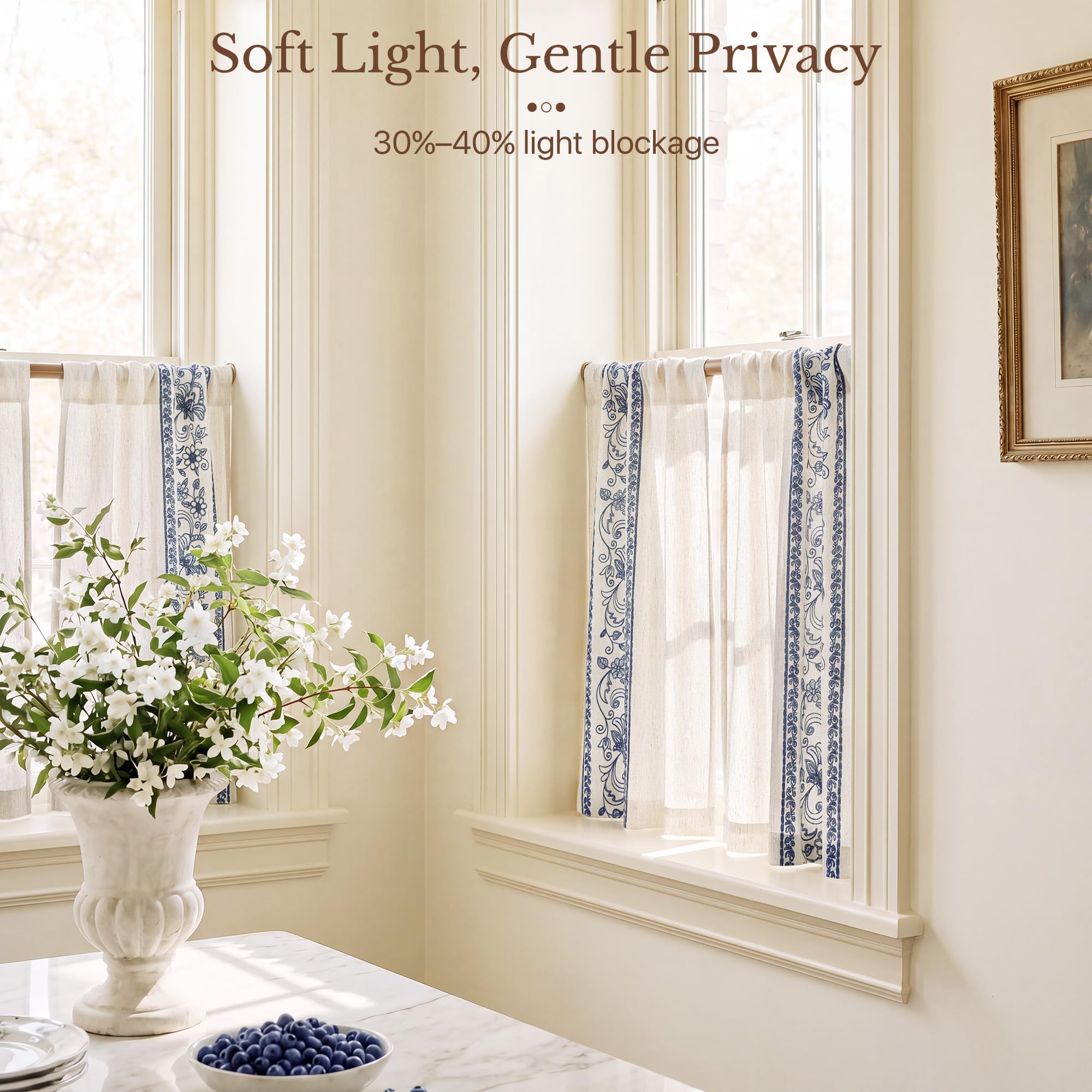 Floral Embroidered Linen Ready Made Curtains - Pair