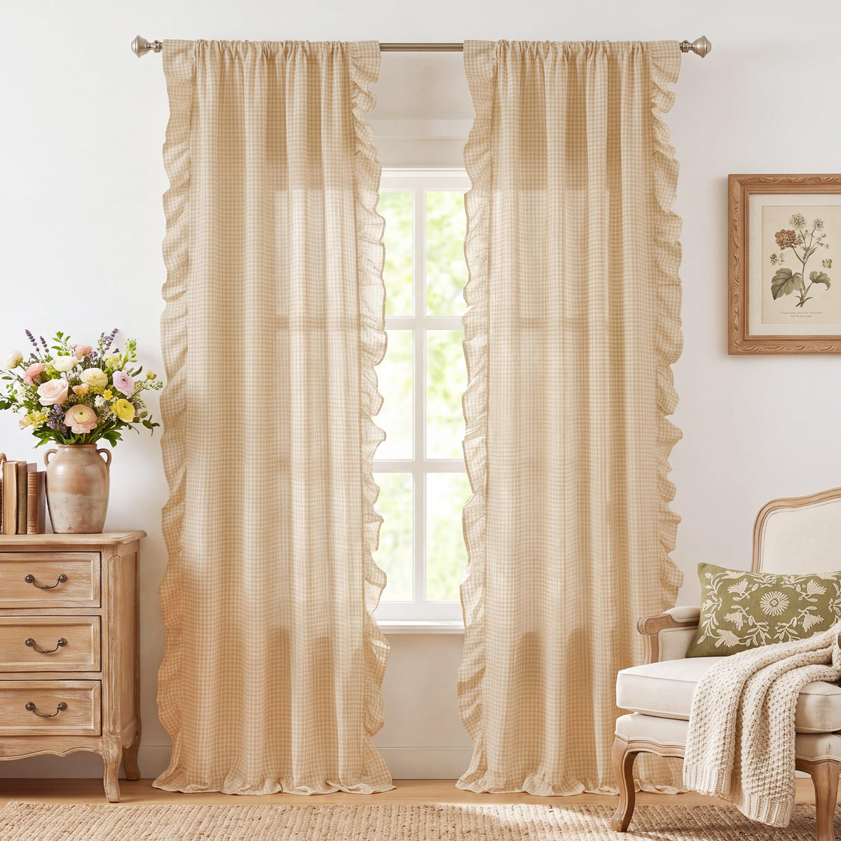 NICETOWN Sage Green Buffalo Plaid Ruffle Curtains 84 Inches Long for Bedroom, Privacy Linen Sheer Rococo Shabby Chic Window Gingham Drapes for Living Room, Rod Pocket, 40" W x 84" L, 2 Panels
