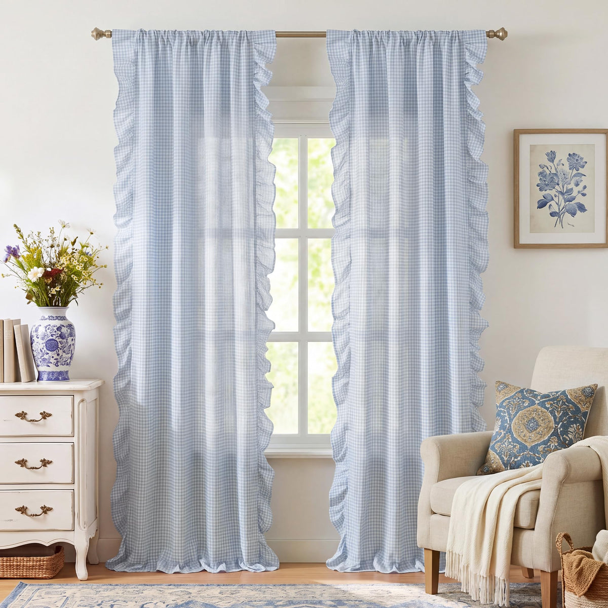 NICETOWN Sage Green Buffalo Plaid Ruffle Curtains 84 Inches Long for Bedroom, Privacy Linen Sheer Rococo Shabby Chic Window Gingham Drapes for Living Room, Rod Pocket, 40" W x 84" L, 2 Panels