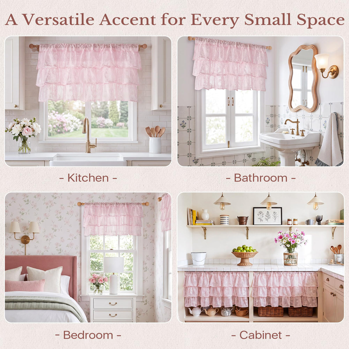 NICETOWN Blush Pink Lace Ruffle Valance Curtain, 1 Panel W52 x L18 Inch, Country Rustic Floral Sheer Valance for Kitchen/Girls Room Window, Rod Pocket Privacy Light Filtering