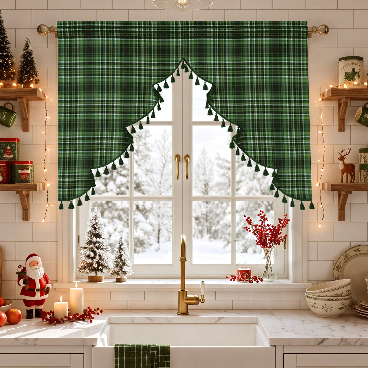 NICETOWN Red Christmas Tree Vintage Plaid Pom-Poms Valance, 42Wx36L, 1PC