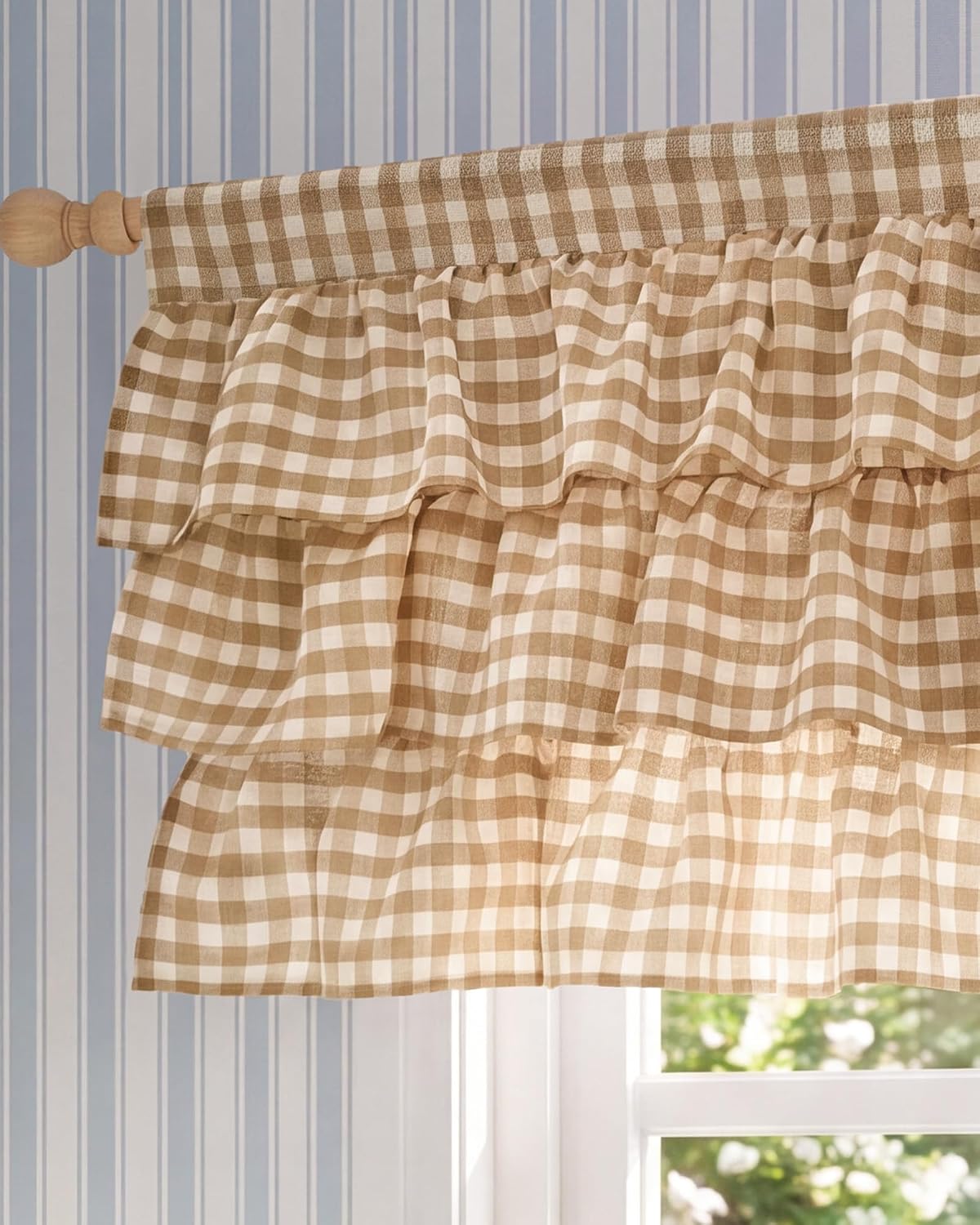 NICETOWN Taupe Linen Ruffle Gingham Plaid Valances for Windows, 1 Panel