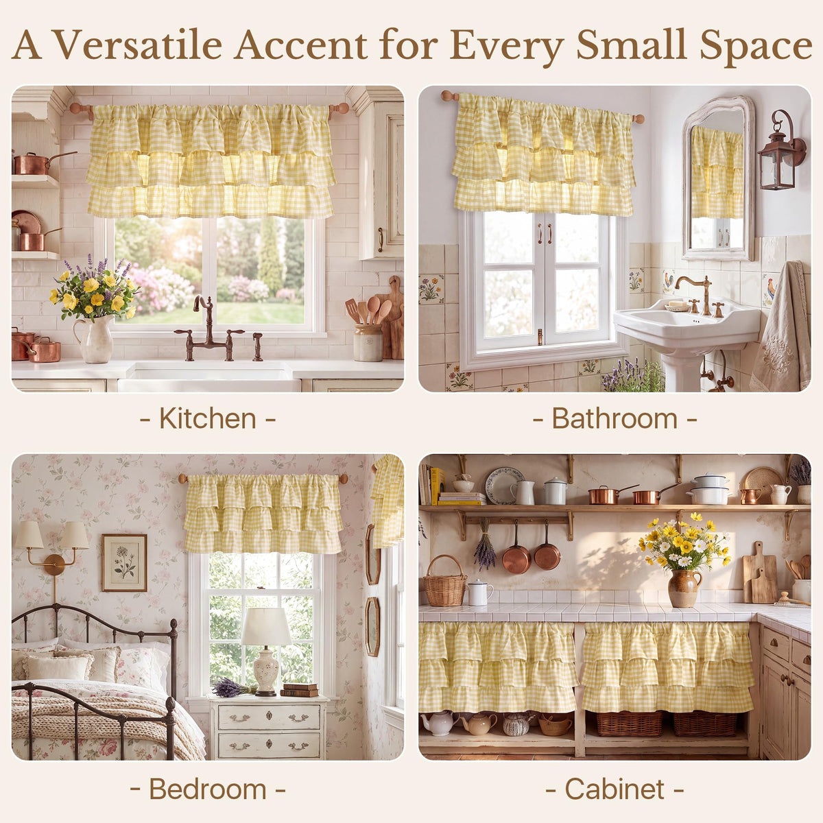 NICETOWN Taupe Linen Ruffle Gingham Plaid Valances for Windows, 1 Panel