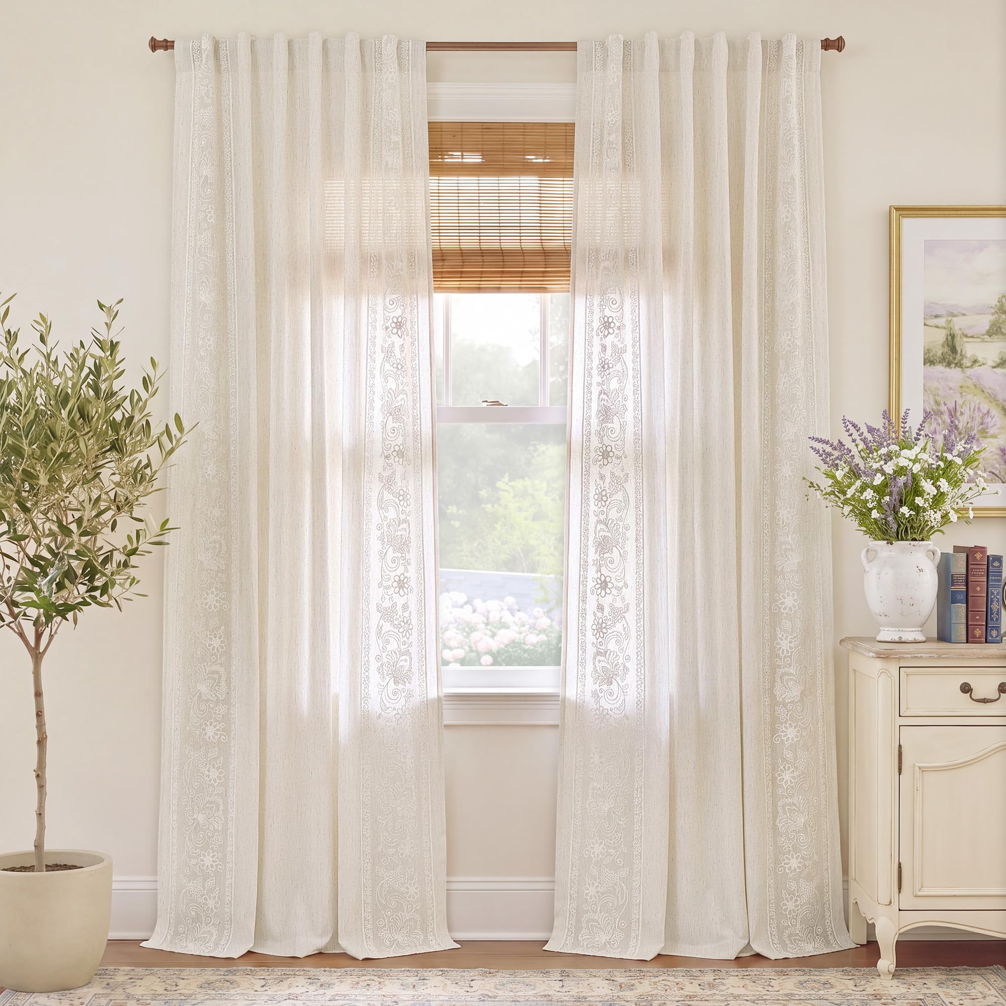 Floral Embroidered Linen Ready Made Curtains - Pair