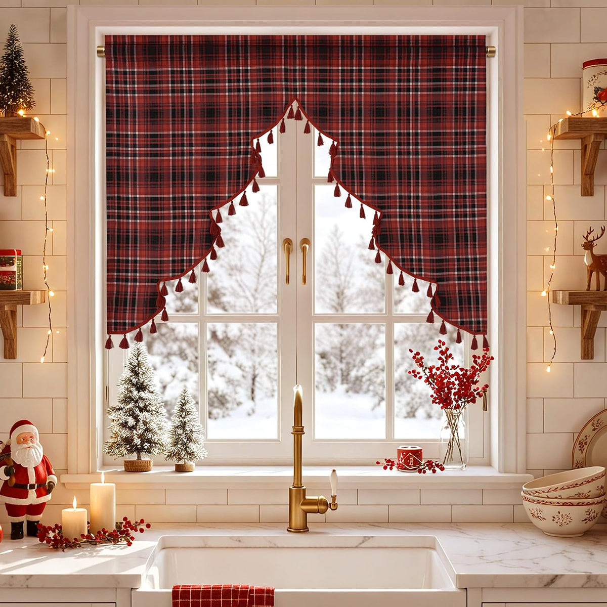 NICETOWN Red Christmas Tree Vintage Plaid Pom-Poms Valance, 42Wx36L, 1PC
