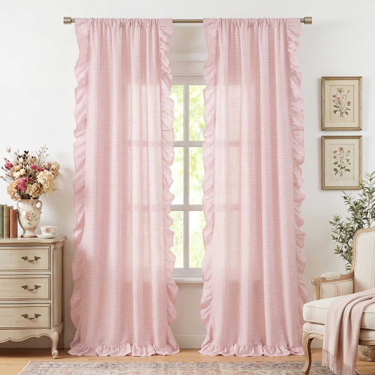NICETOWN Sage Green Buffalo Plaid Ruffle Curtains 84 Inches Long for Bedroom, Privacy Linen Sheer Rococo Shabby Chic Window Gingham Drapes for Living Room, Rod Pocket, 40" W x 84" L, 2 Panels