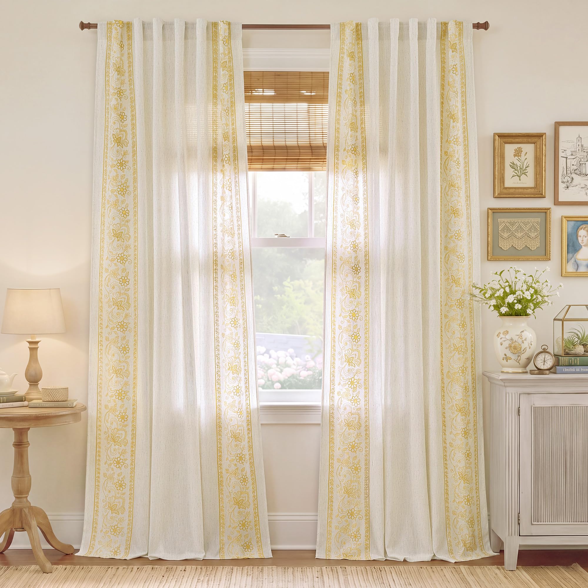 Floral Embroidered Linen Ready Made Curtains - Pair