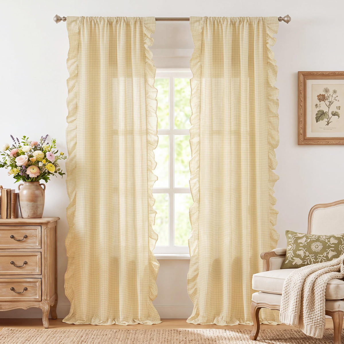 NICETOWN Sage Green Buffalo Plaid Ruffle Curtains 84 Inches Long for Bedroom, Privacy Linen Sheer Rococo Shabby Chic Window Gingham Drapes for Living Room, Rod Pocket, 40" W x 84" L, 2 Panels