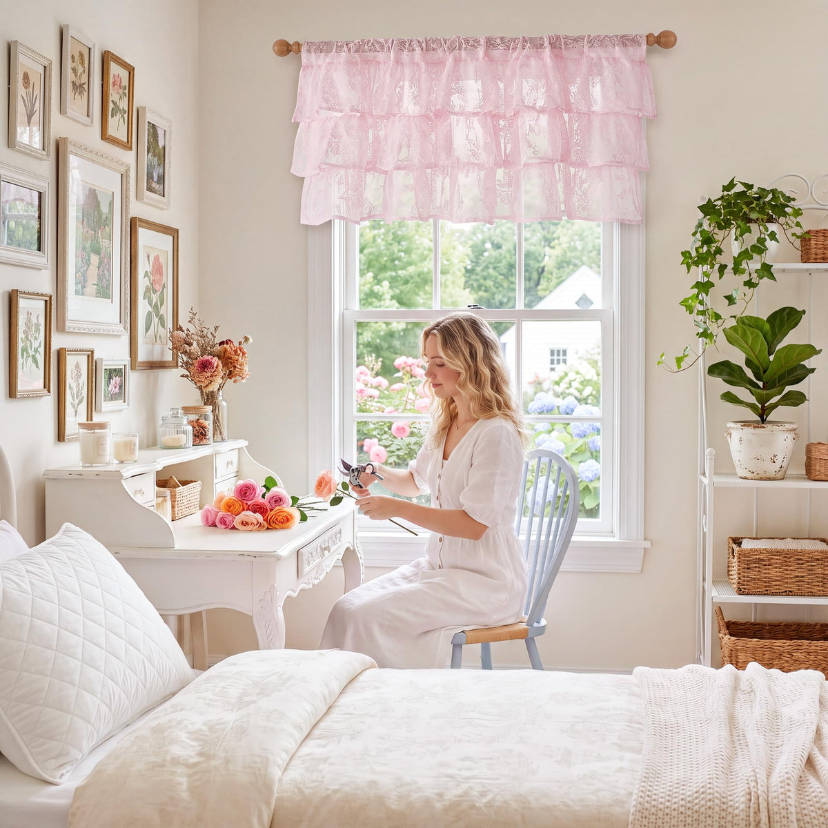 NICETOWN Blush Pink Lace Ruffle Valance Curtain, 1 Panel W52 x L18 Inch, Country Rustic Floral Sheer Valance for Kitchen/Girls Room Window, Rod Pocket Privacy Light Filtering