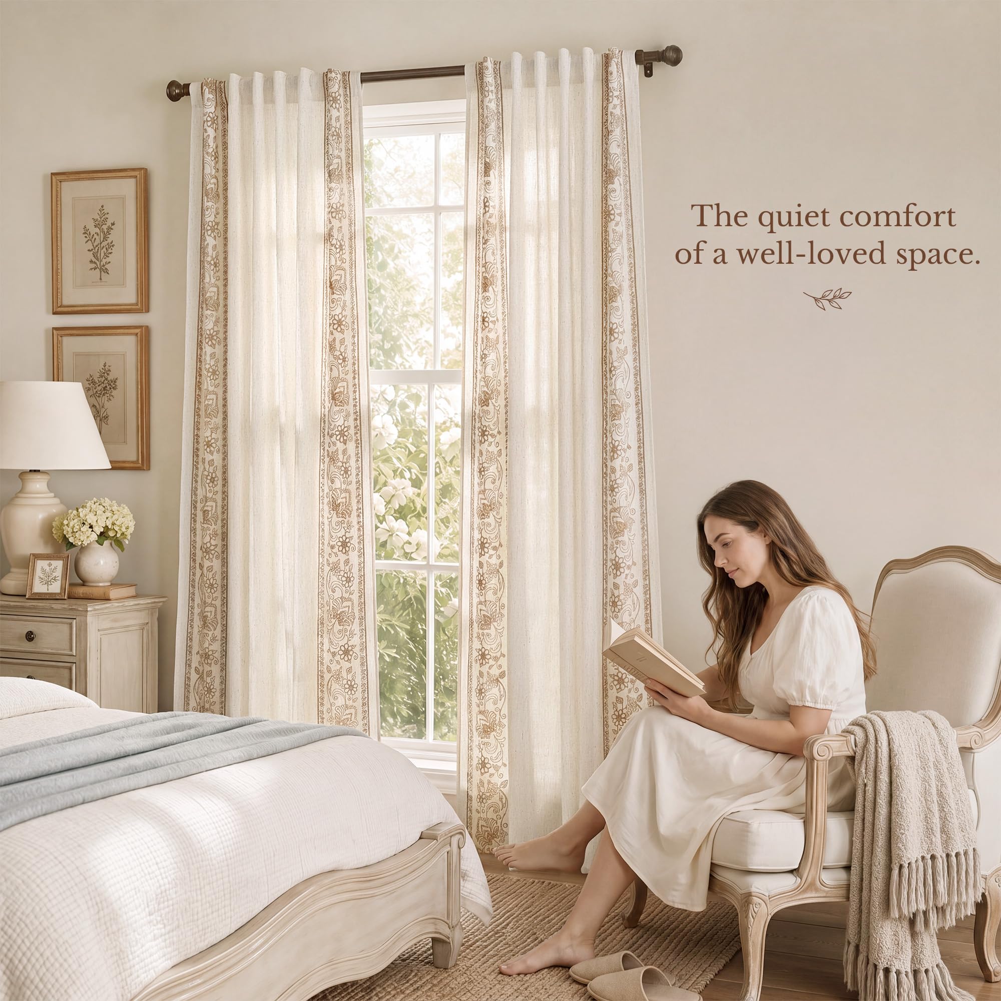 Floral Embroidered Linen Ready Made Curtains - Pair
